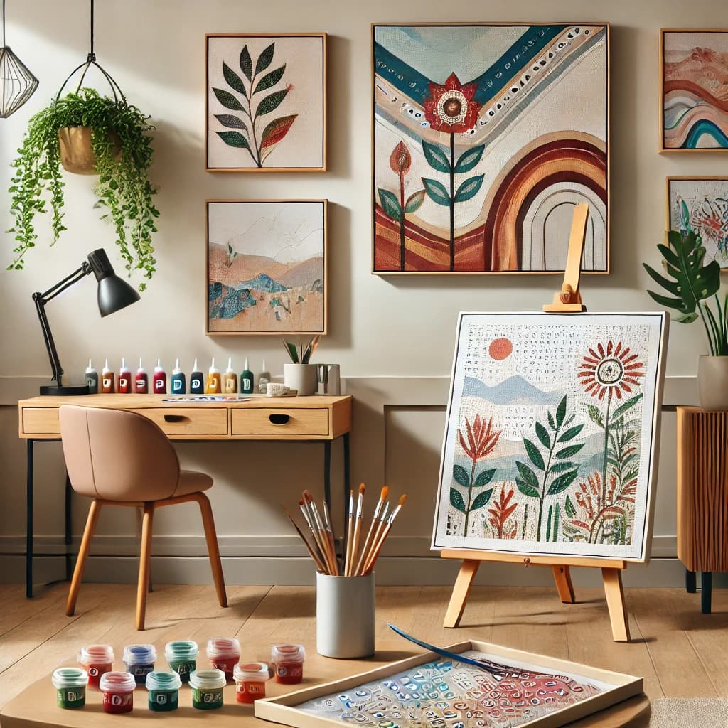 Framed paint by numbers kit with wall art display